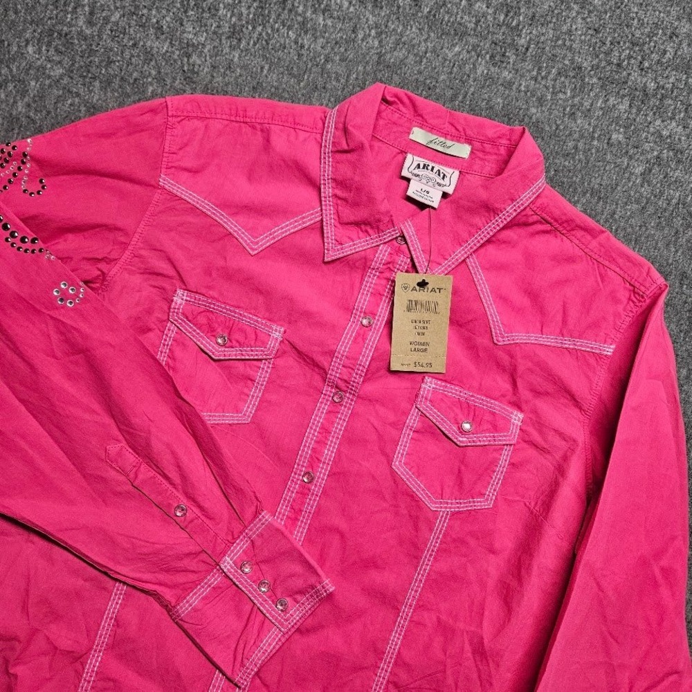 Ariat Western Snap Shirt Women Large Pink Studded Pearl Snap Fitted NWT